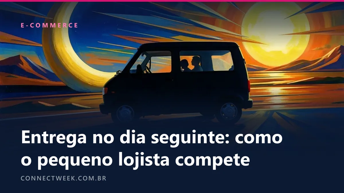 Pintura futurista de uma van em silhueta entre a lua crescente, à esquerda, e o sol nascente, à direita