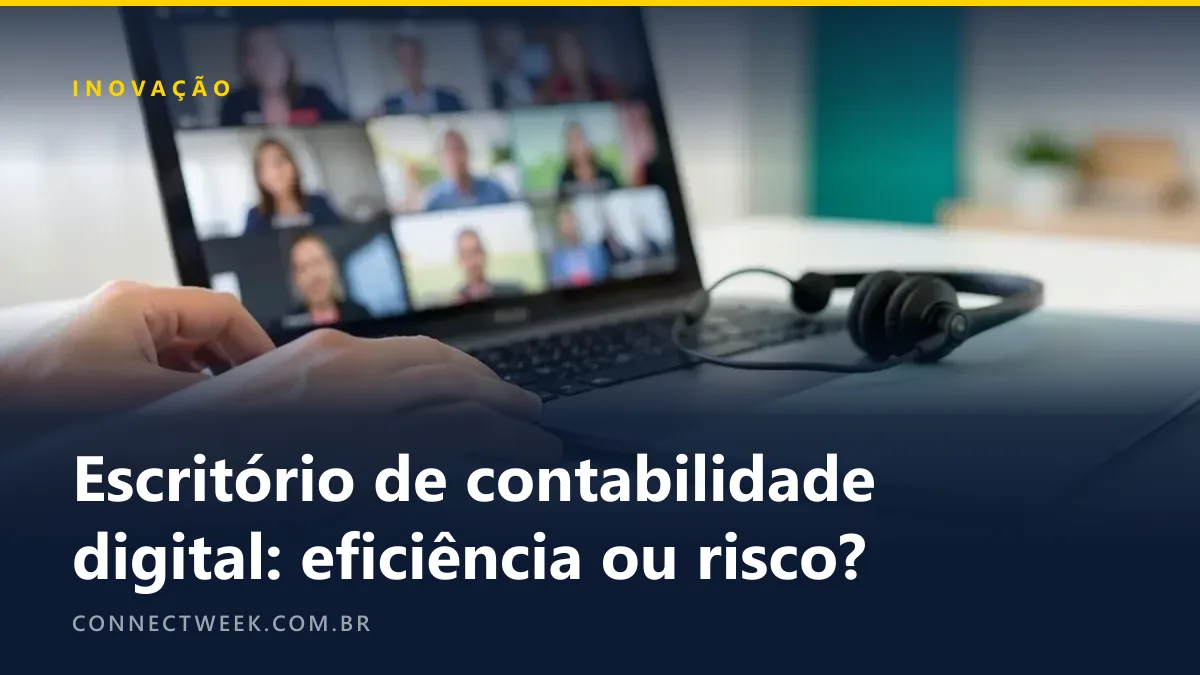 Notebook visto de lado com videochamada desfocada, headset sobre o teclado e pasta ao lado num home office