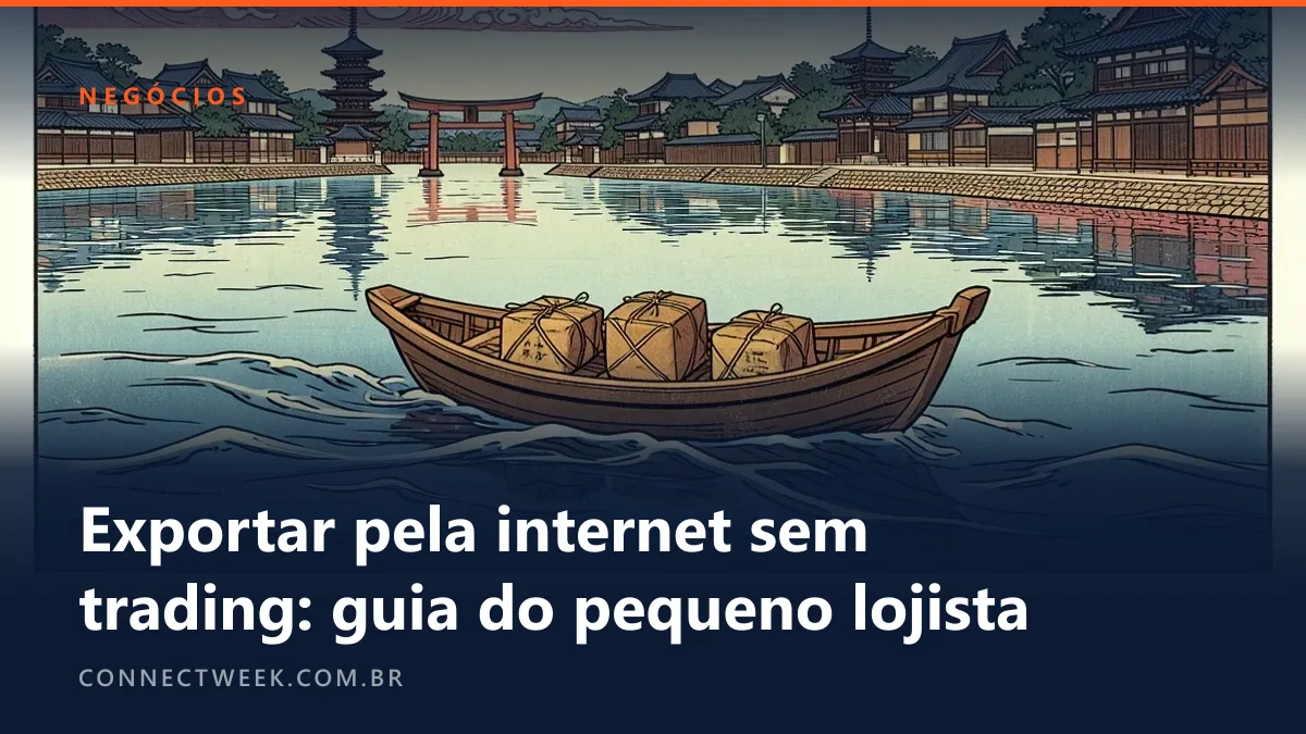 Gravura ukiyo-e de um barquinho com três pacotes cruzando um rio largo rumo à cidade da outra margem