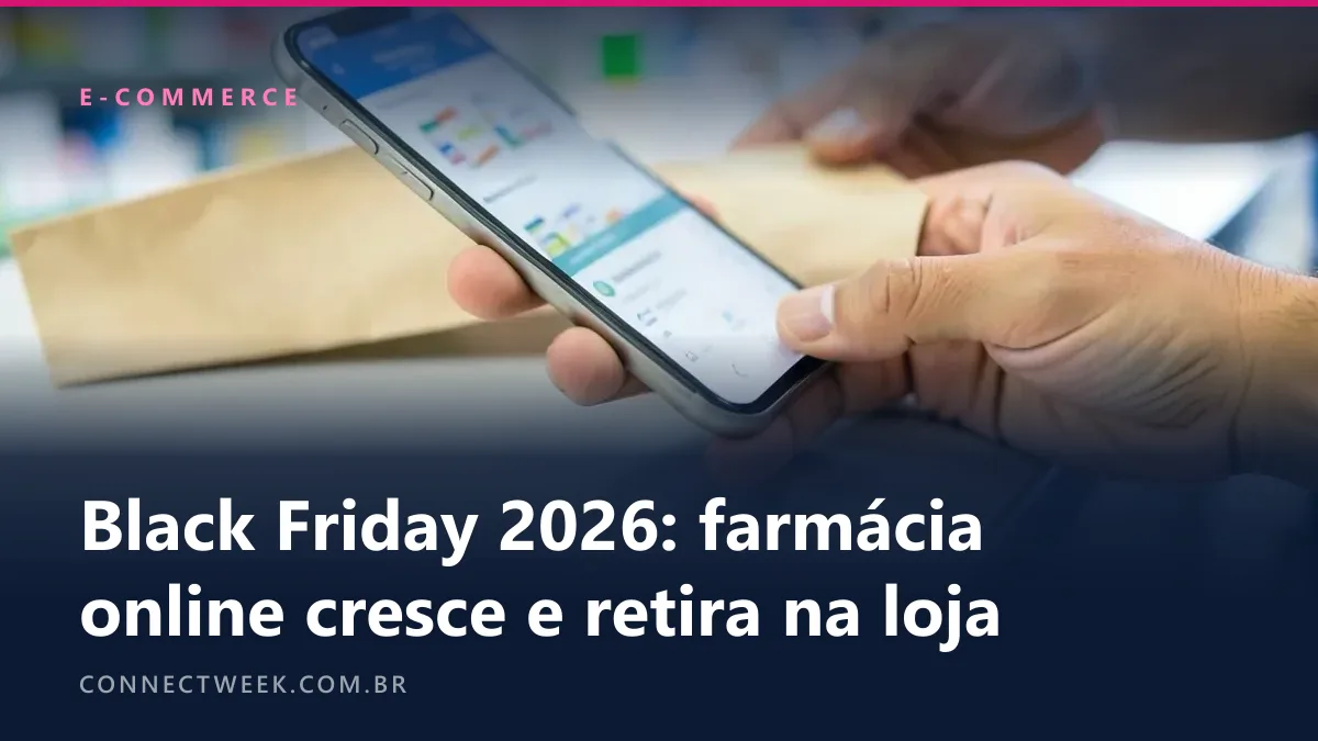 Mão segurando um celular com app de farmácia desfocado no balcão enquanto as mãos da farmacêutica passam uma sacola de papel