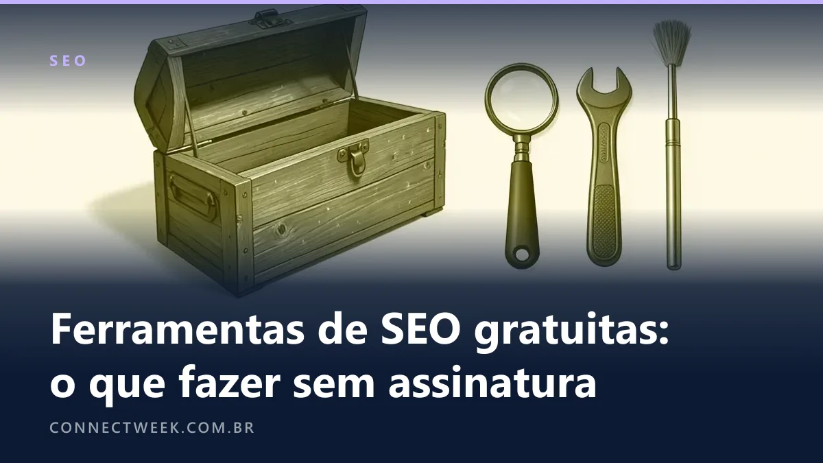 Prancha em sépia de uma caixa de ferramentas aberta com lupa, chave, pincel e chave de fenda ao lado
