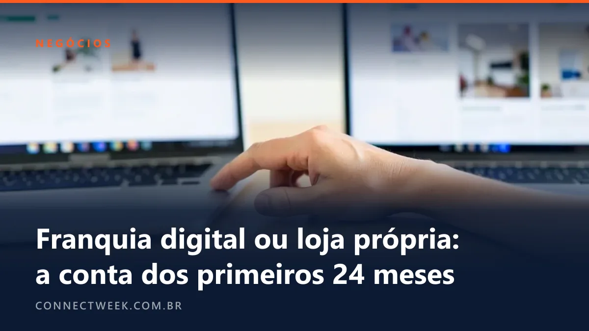 Dois notebooks idênticos lado a lado, um com loja padronizada e outro com loja própria, ambos desfocados, mão entre eles