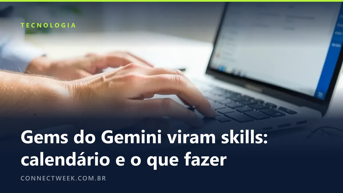 Mão no trackpad de um notebook com tela de configurações de assistente de IA desfocada, caderno pautado ao lado