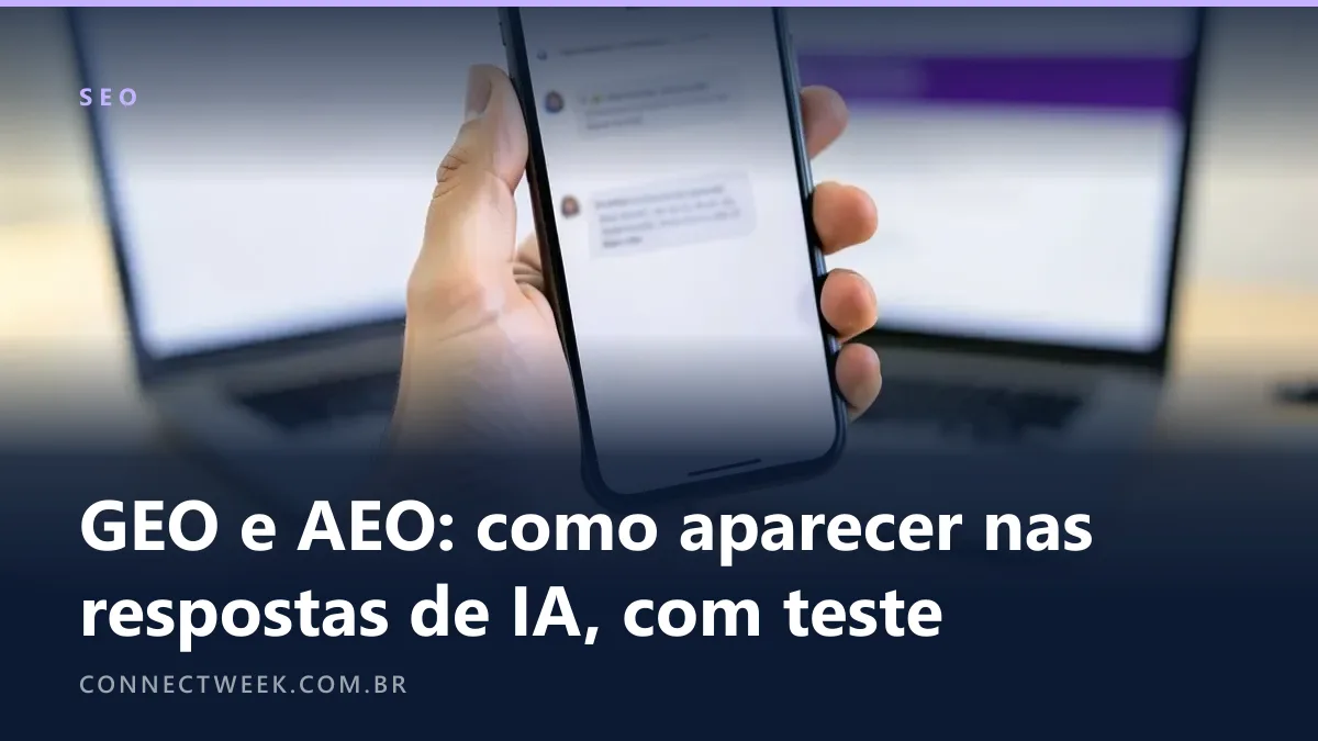 Mão segurando um celular com resposta de assistente de IA desfocada, notebook atrás com página de busca desfocada