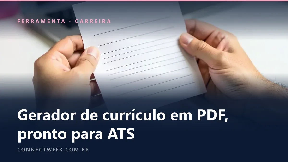 Mãos segurando uma folha de currículo impressa com linhas em branco sobre a mesa, notebook desfocado ao fundo