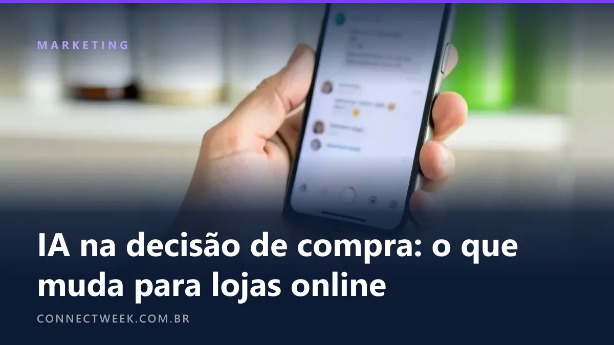 Mão segurando um celular com conversa de IA desfocada diante de uma prateleira de frascos de cosméticos sem rótulo