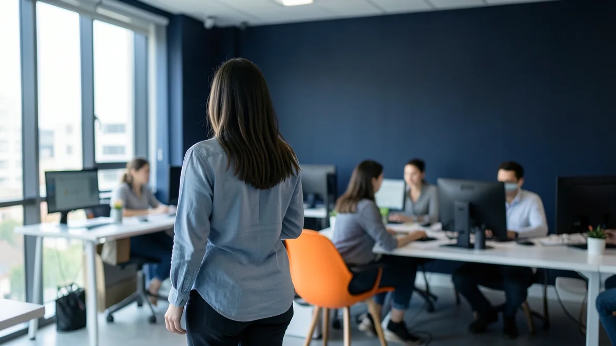 Dona de pequena empresa de costas observando a equipe trabalhar no escritório, com telas desfocadas