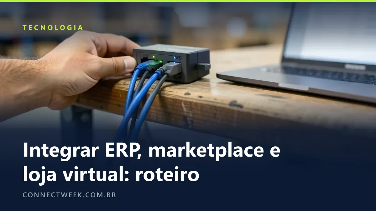 Três cabos ligados a um pequeno switch de rede numa prateleira acima da bancada de embalagem, notebook com tela desfocada ao lado