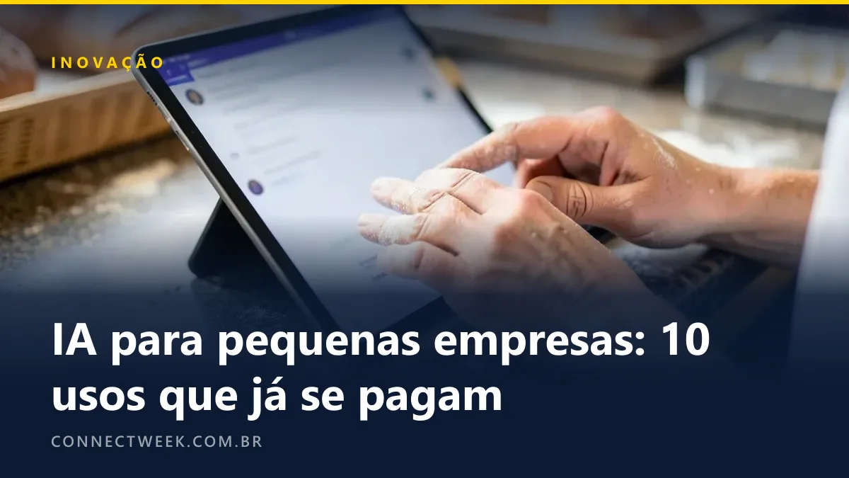 Tablet apoiado no balcão de uma padaria com assistente de IA desfocado, mãos enfarinhadas digitando