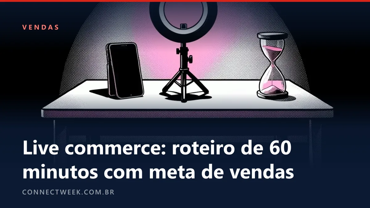 Quadrinho em preto e branco com acento rosa: mesa com três produtos em fila, celular no tripé, ring light e ampulheta
