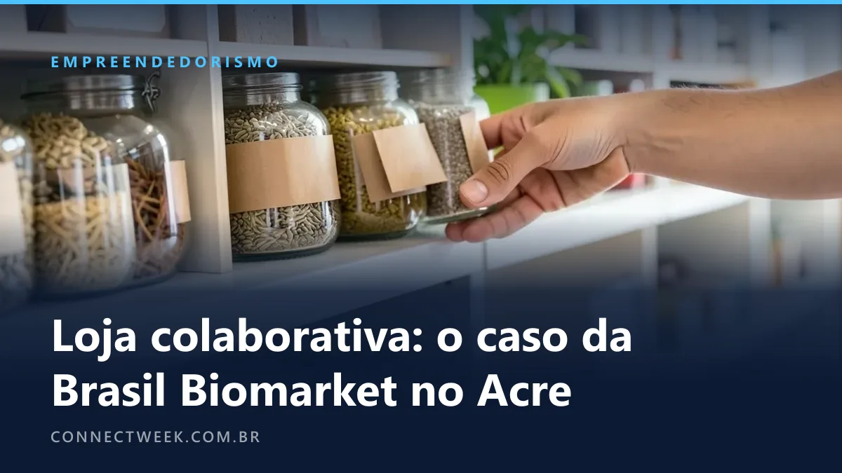 Prateleira de loja dividida em seções com produtos naturais artesanais diferentes, potes, sabonetes e sementes, mão colocando um pote