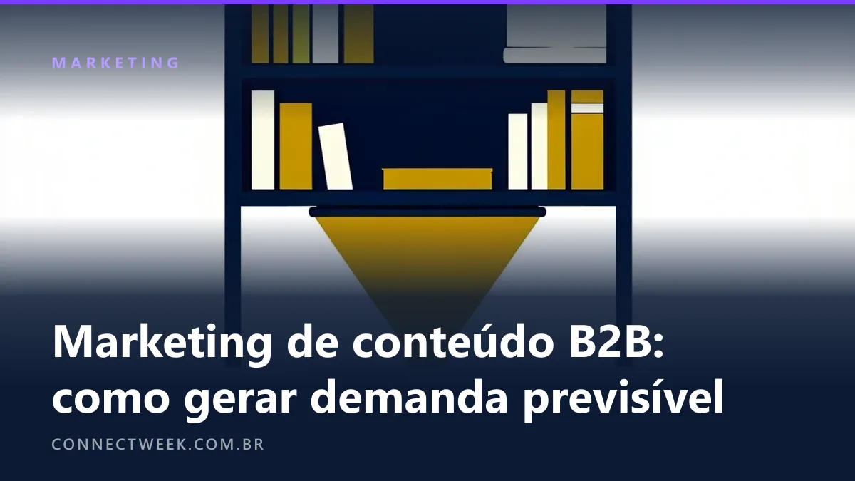 Serigrafia em azul-marinho, mostarda e branco de uma estante de livros fechados com um funil largo sob a prateleira de baixo