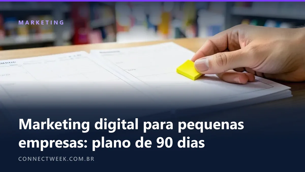 Três páginas de planejador mensal em branco enfileiradas na mesa de uma pequena loja, mão colocando uma aba na primeira