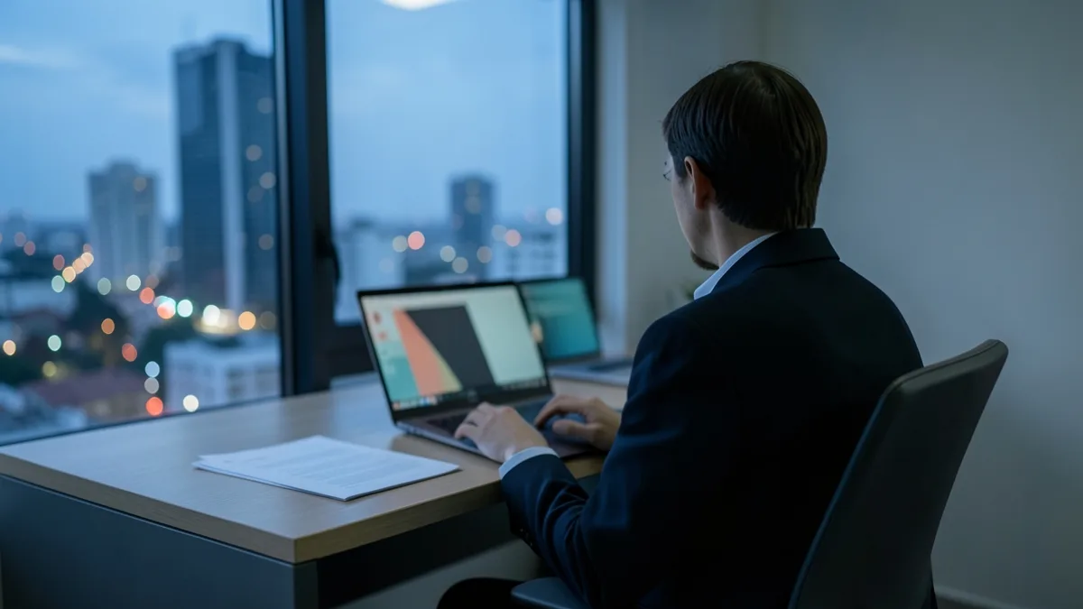 Consultora de costas preparando proposta em escritório pequeno com vista da cidade ao entardecer