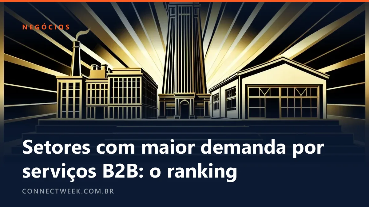 Ilustração art déco de três prédios, fábrica, torre de escritórios e armazém, nos três degraus de um pódio
