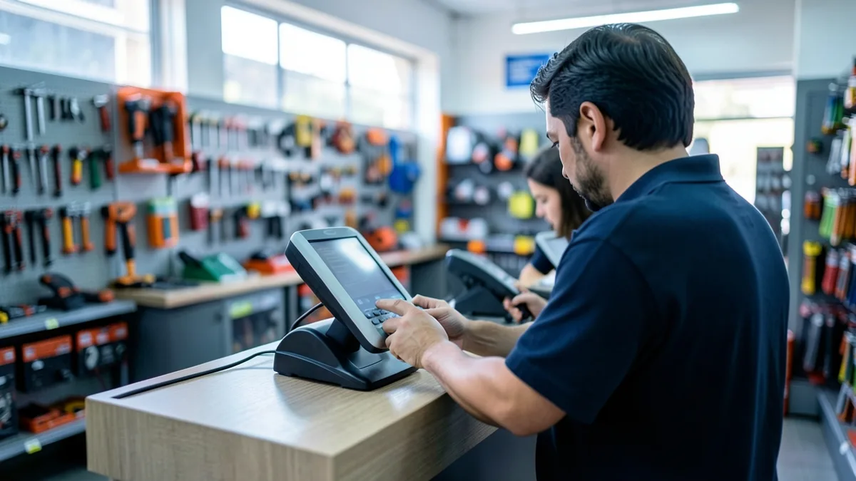 Caixa de loja de materiais com cliente de costas aproximando cartão da maquininha, tela e balcão fora de foco