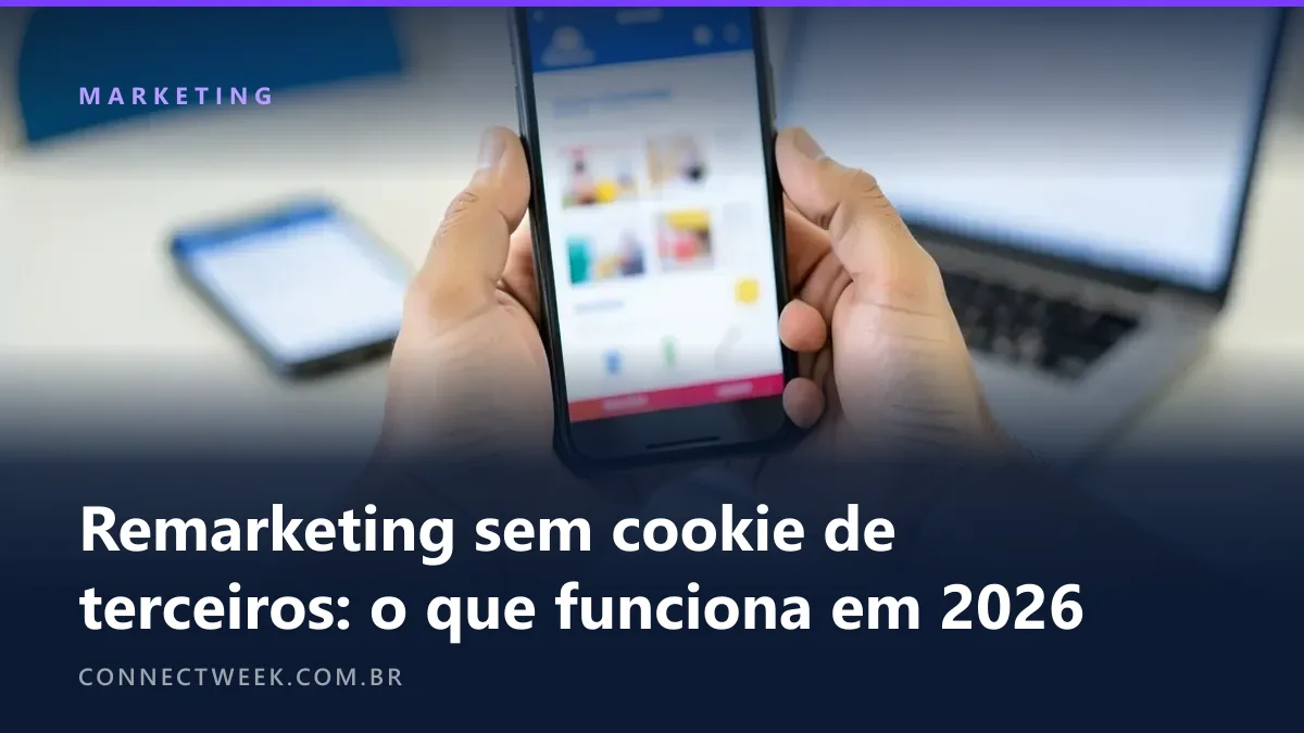 Mão segurando um celular com anúncio desfocado, com um segundo celular e um notebook desfocados ao fundo mostrando telas diferentes
