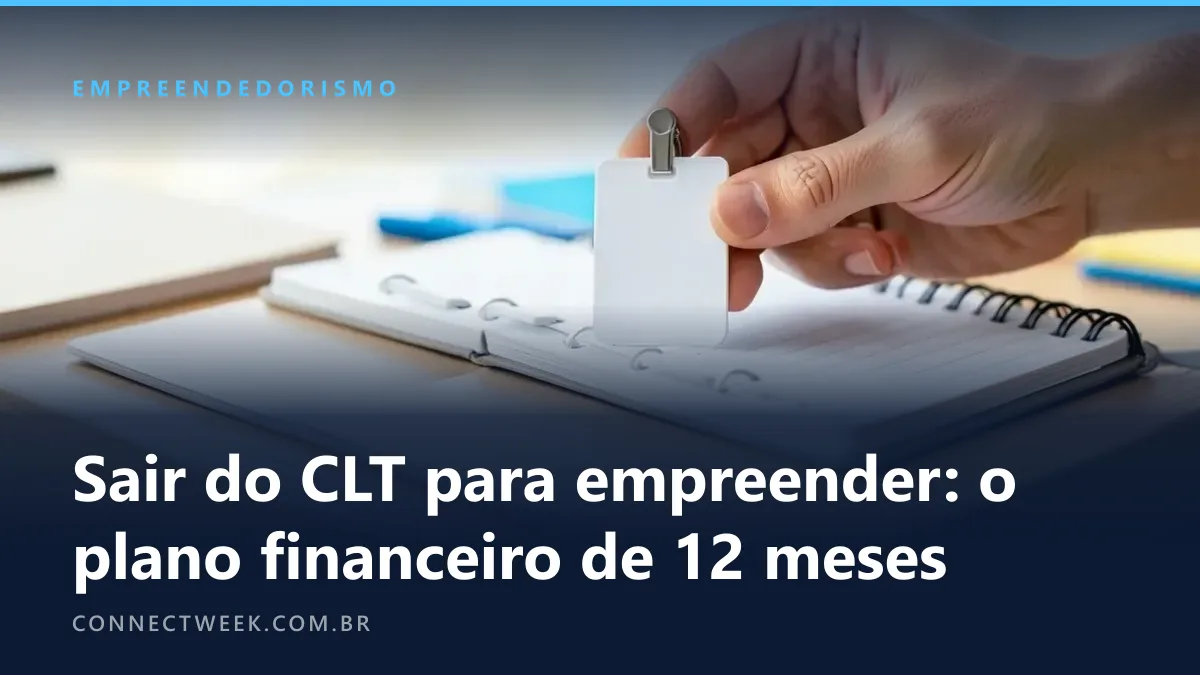 Mão guardando um crachá de funcionário em branco numa gaveta ao lado de um caderno com doze abas mensais em branco