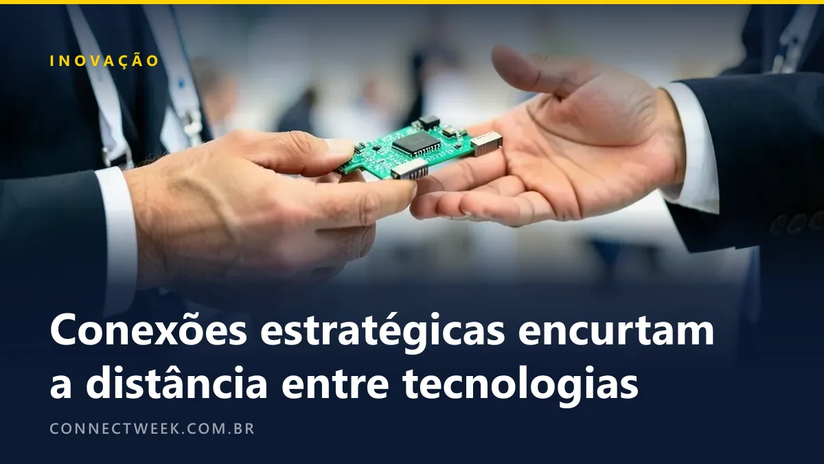 Mãos de uma fundadora de startup mostrando um pequeno protótipo eletrônico a um executivo numa mesa alta de evento de inovação, crachás em branco