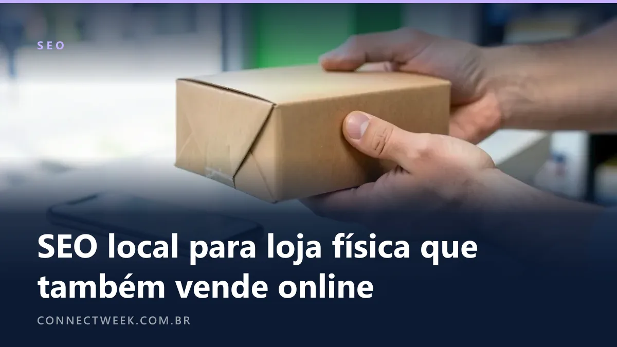 Mão de cliente recebendo um pacote no balcão de uma loja física, celular com mapa desfocado sobre o balcão