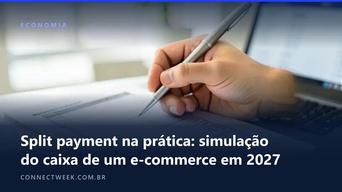 Mão com caneta sobre uma planilha de fluxo de caixa mensal impressa em branco ao lado de um notebook com tela de pagamentos desfocada