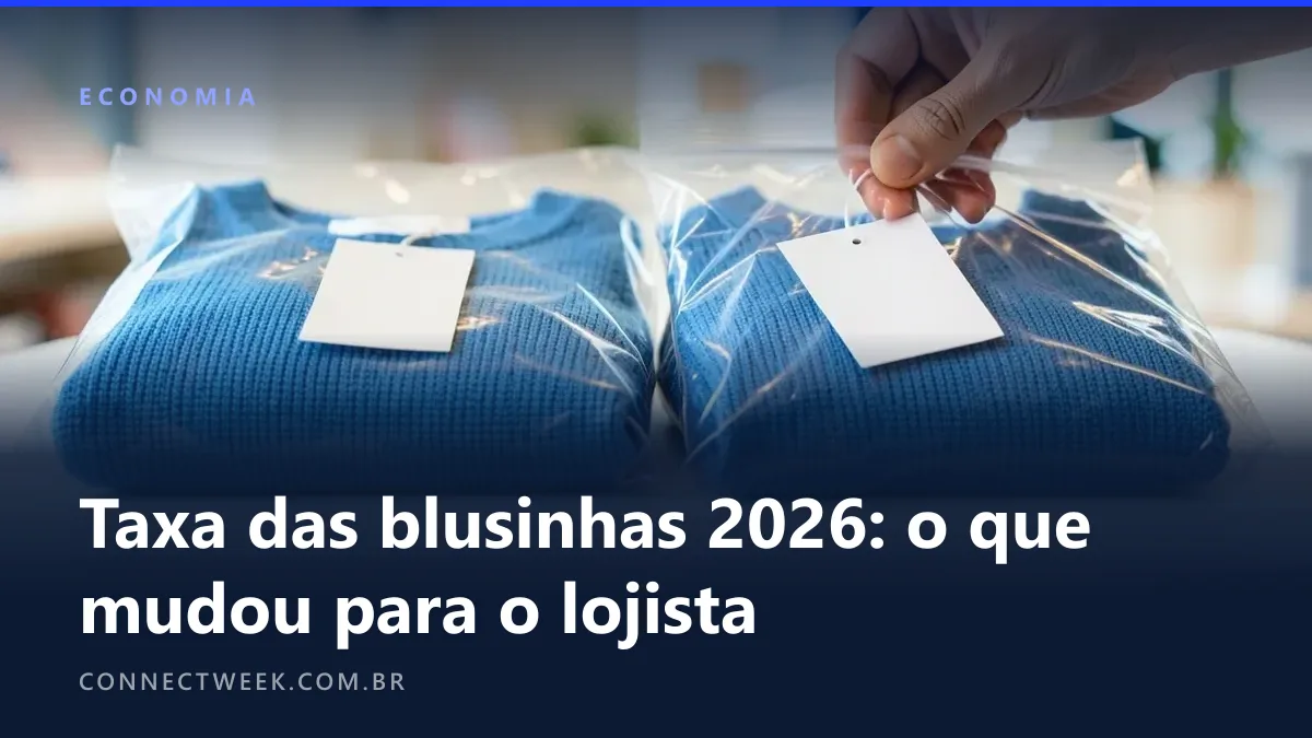 Duas blusas dobradas em envelopes plásticos transparentes lado a lado, uma com etiqueta de alfândega em branco, mão pegando a outra